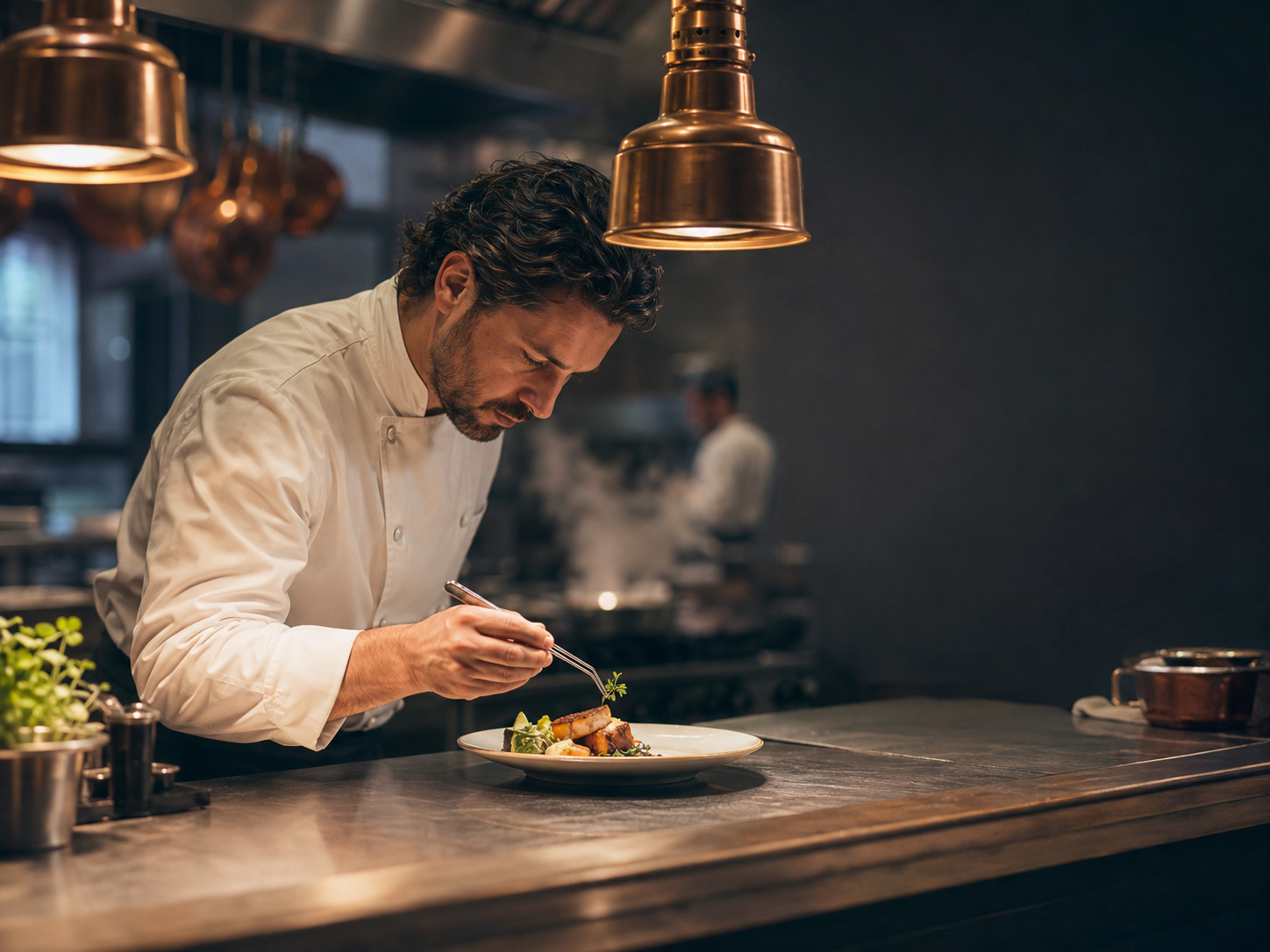 Chef plating a dish in a professional London kitchen